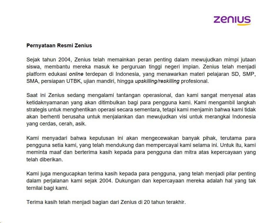 Zenius Hentikan Layanan Sementara, Warganet Ungkap Apresiasi dan Kontribusi dalam Dunia Pendidikan - Image