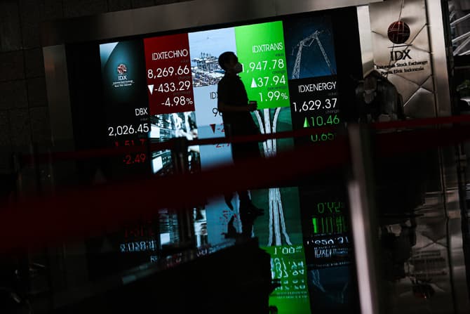 Karyawan melintas di dekat layar pergerakan Indeks Harga Saham Gabungan (IHSG), Bursa Efek Indonesia, Jakarta, Senin (9/5/2022). Pasca libur Lebaran, perdagangan IHSG di buka melelmah 74 poin atau 1,02 persen ke posisi 7.154,92, sementara pada sore hariny - Image